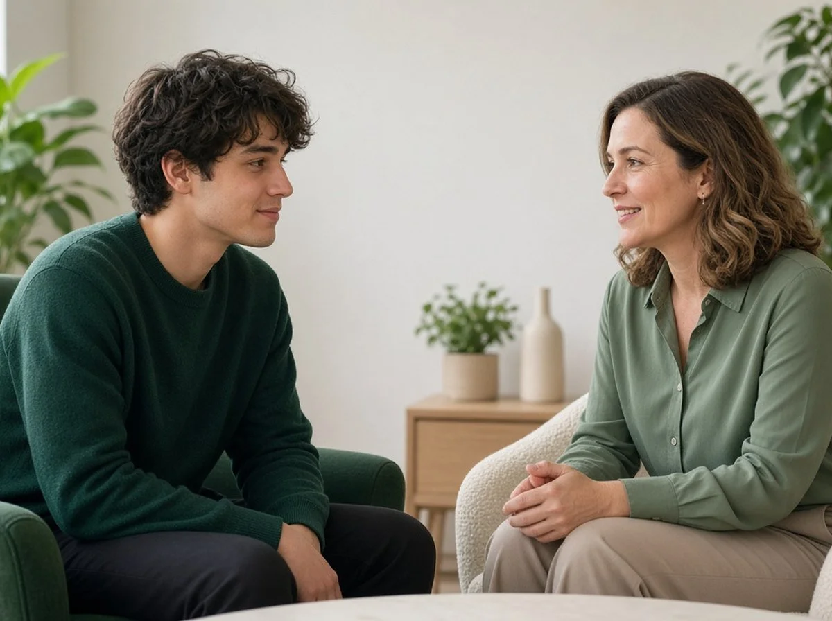 A young adult talking with a counsellor in a bright office