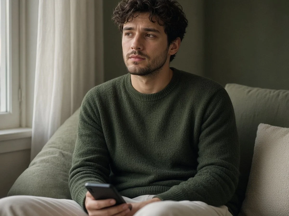 A young man sitting on a sofa by a window looking thoughtful