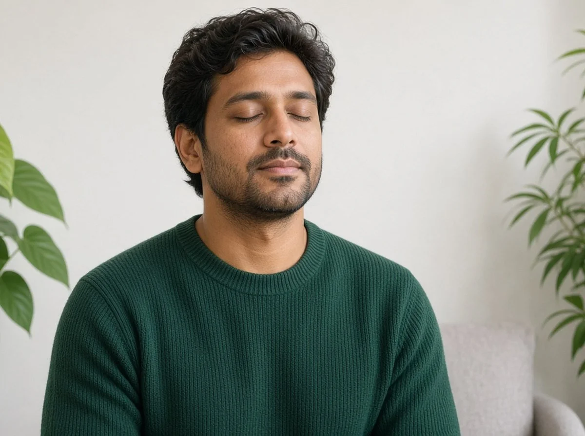 Man sitting with eyes closed, breathing slowly