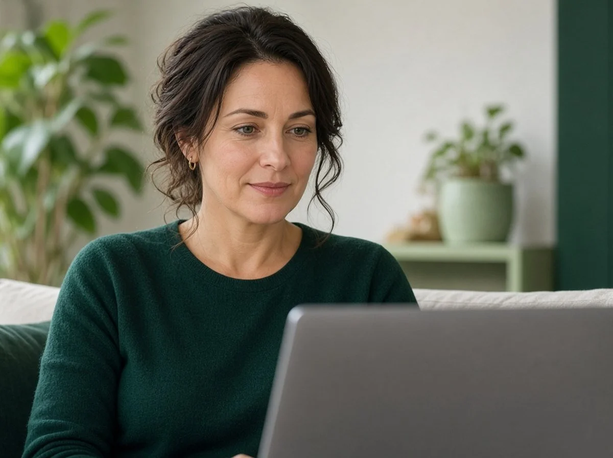 A woman in an online counselling session at home