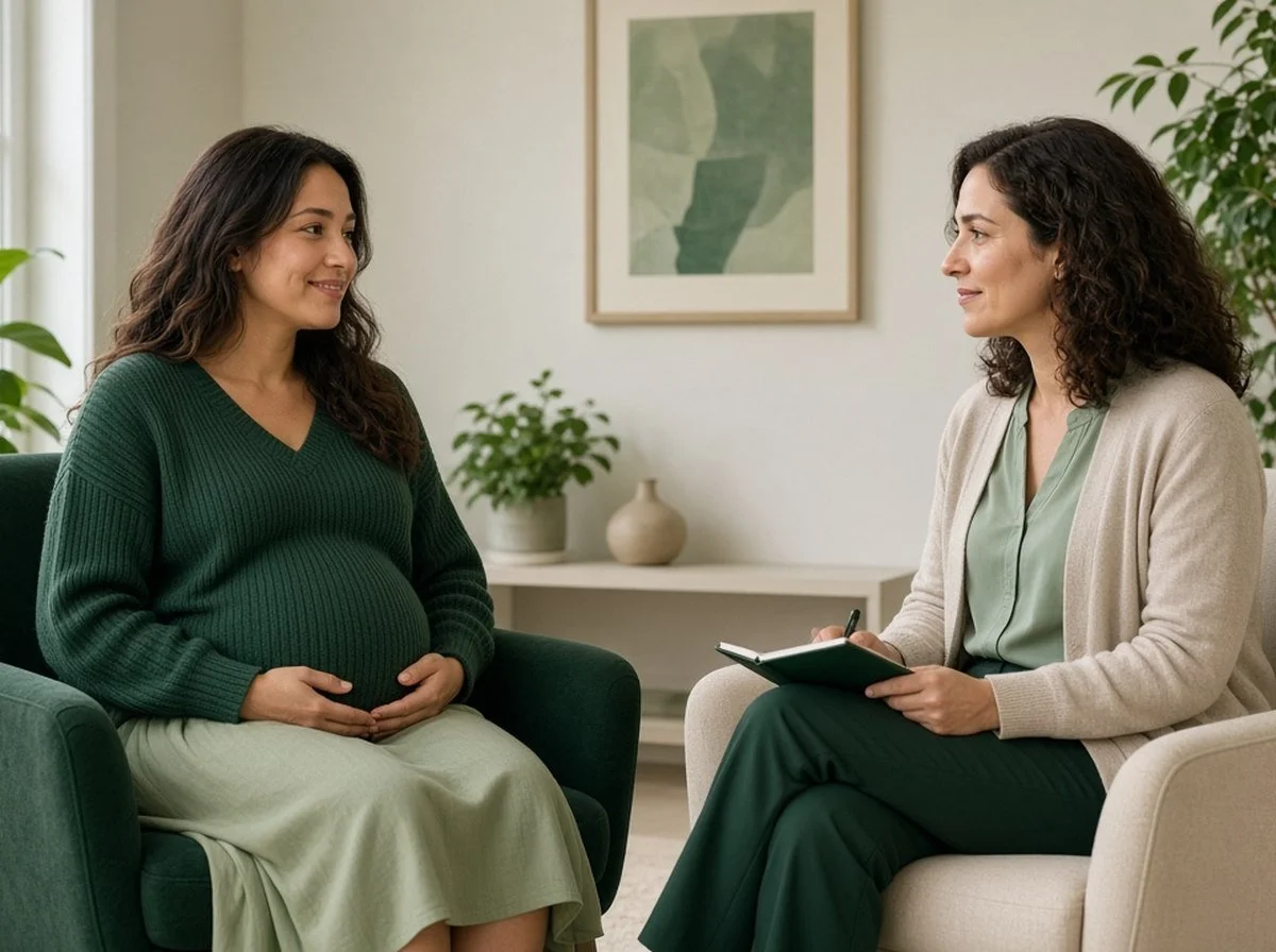 Pregnant woman talking with a female therapist