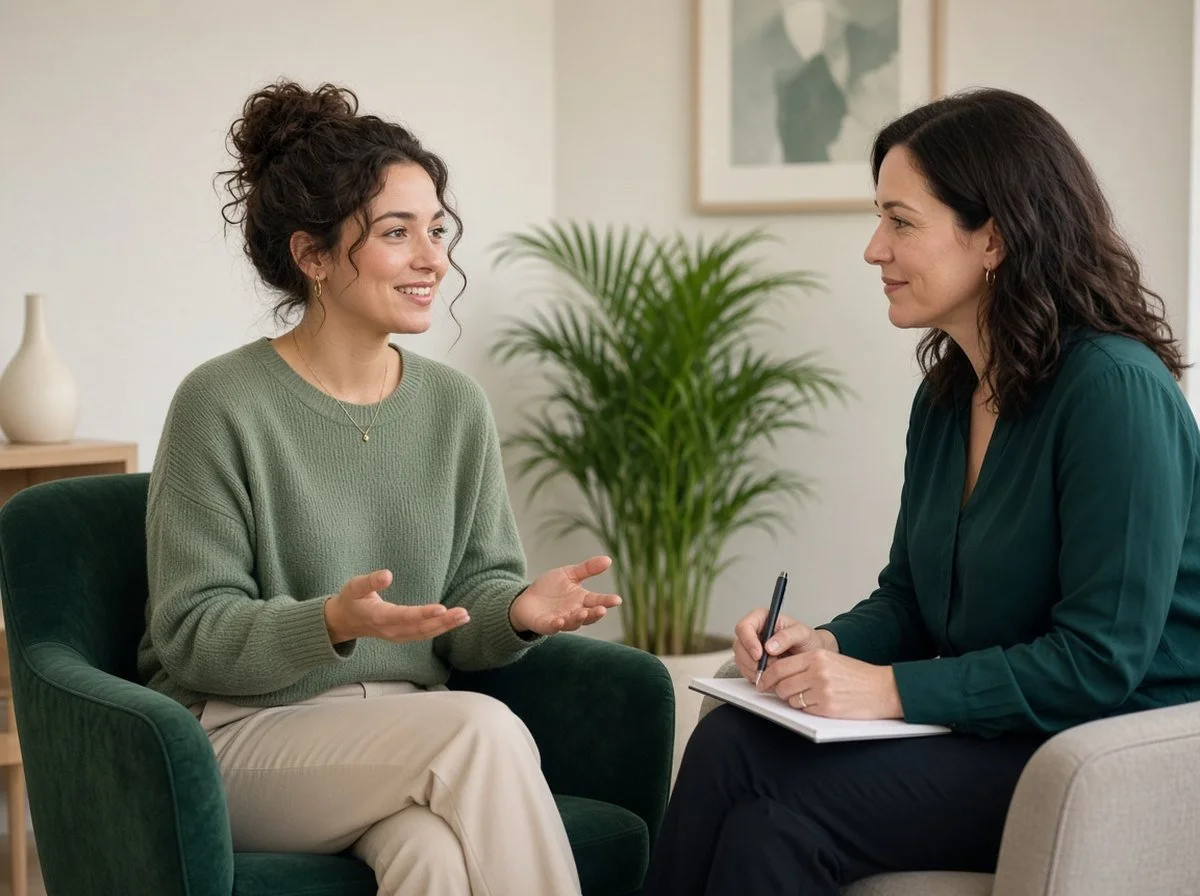 Woman talking with a therapist in a calm counselling office