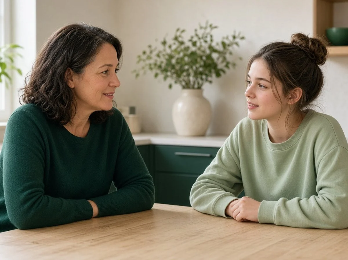 A parent and teen talking supportively at a kitchen table