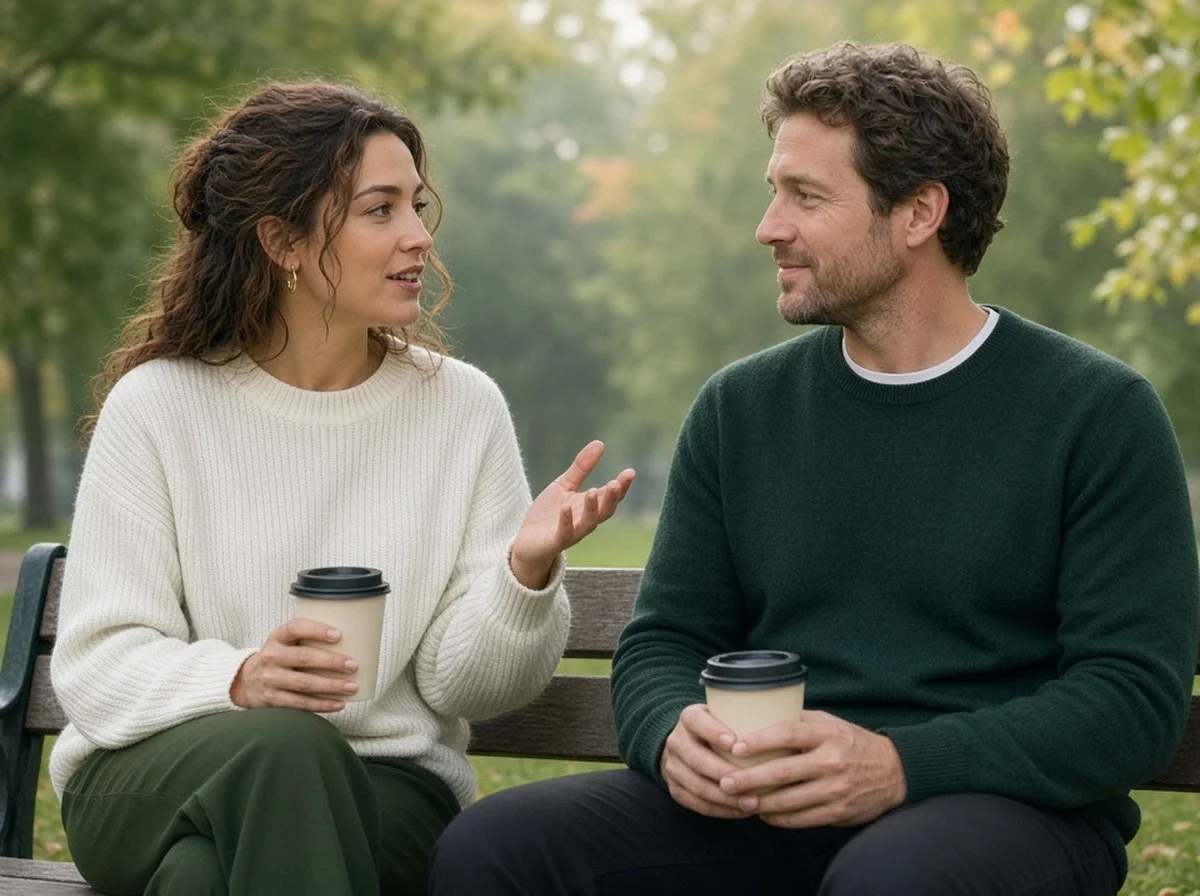 Two friends talking over coffee on a park bench in autumn .