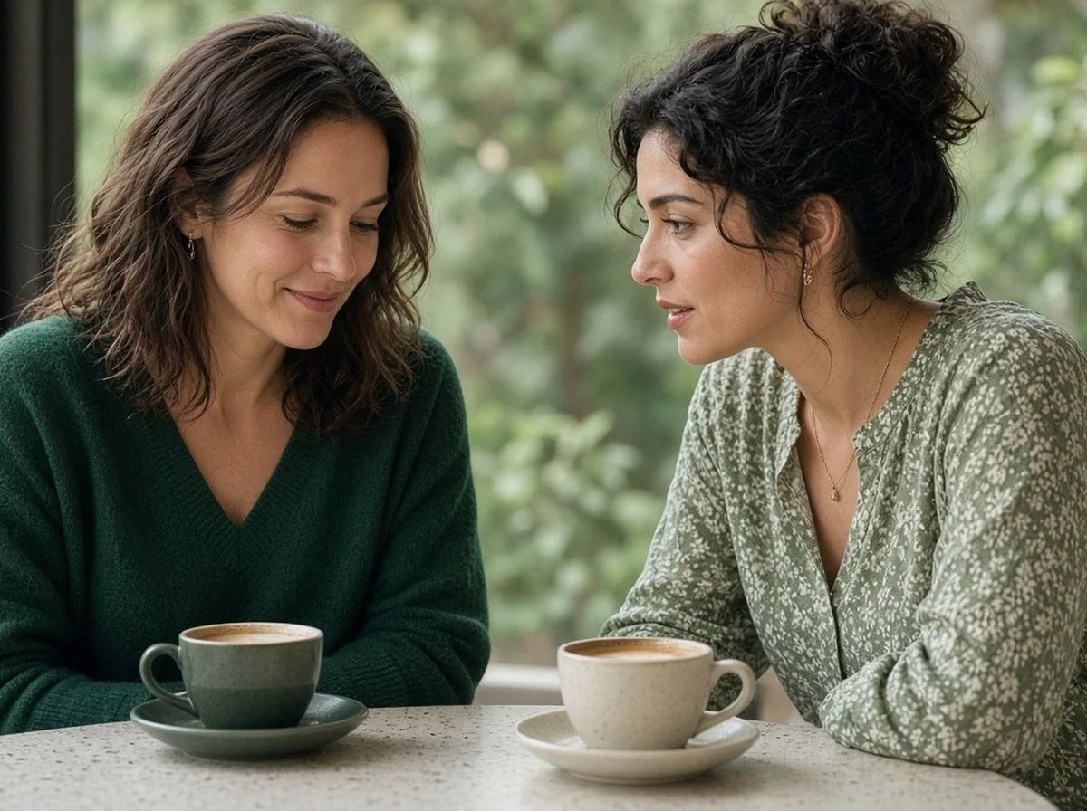 Two friends talking warmly at a cafe table