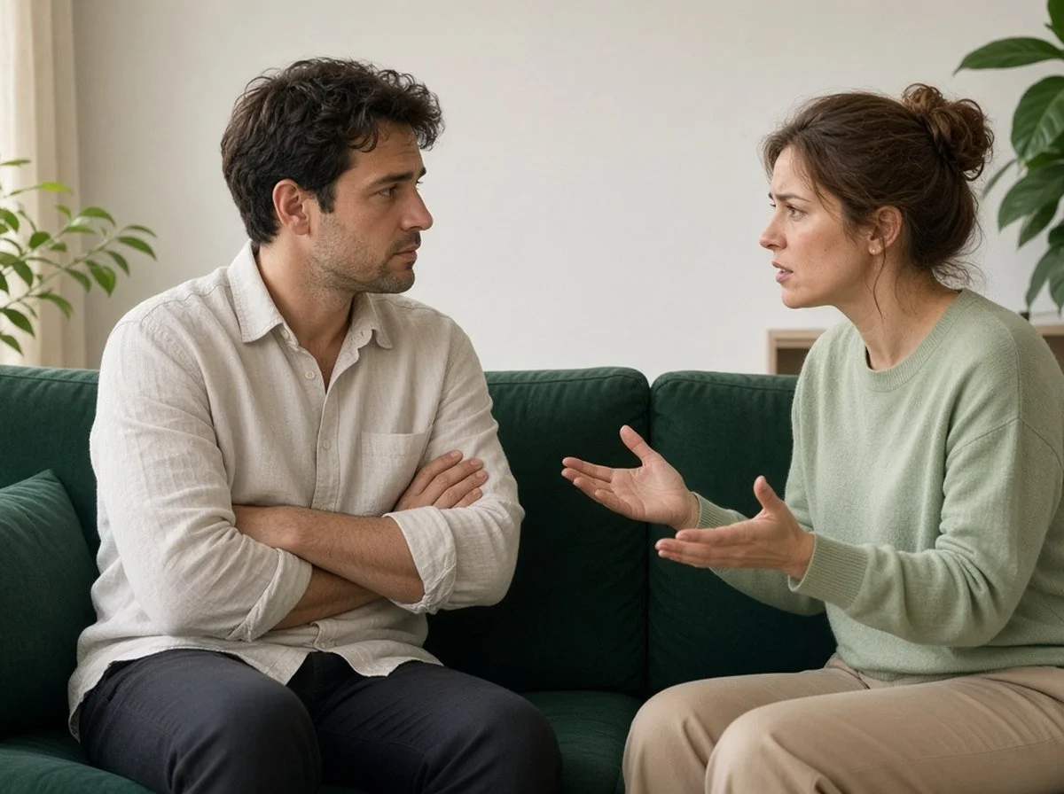 Couple arguing on a green sofa, one with arms crossed and the other gesturing