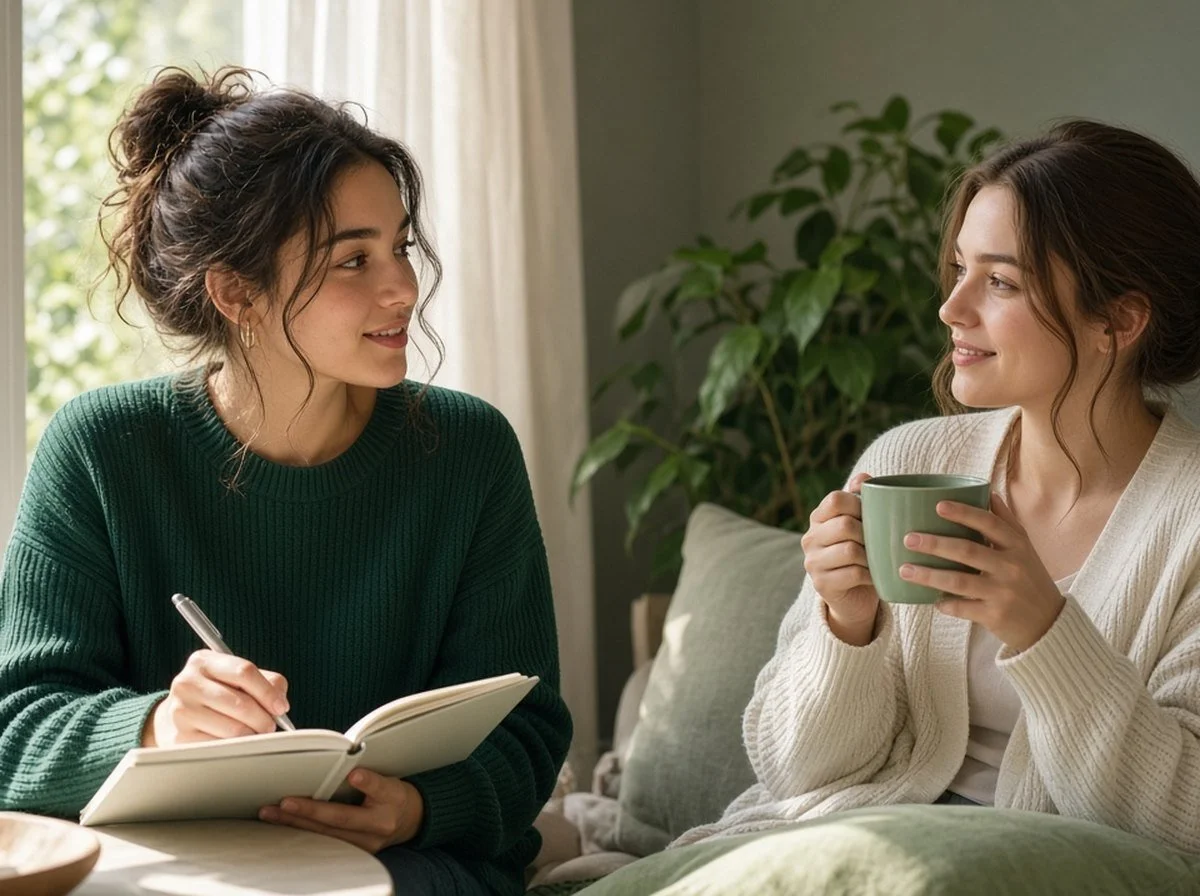 Two roommates chatting by a window while one writes in a notebook