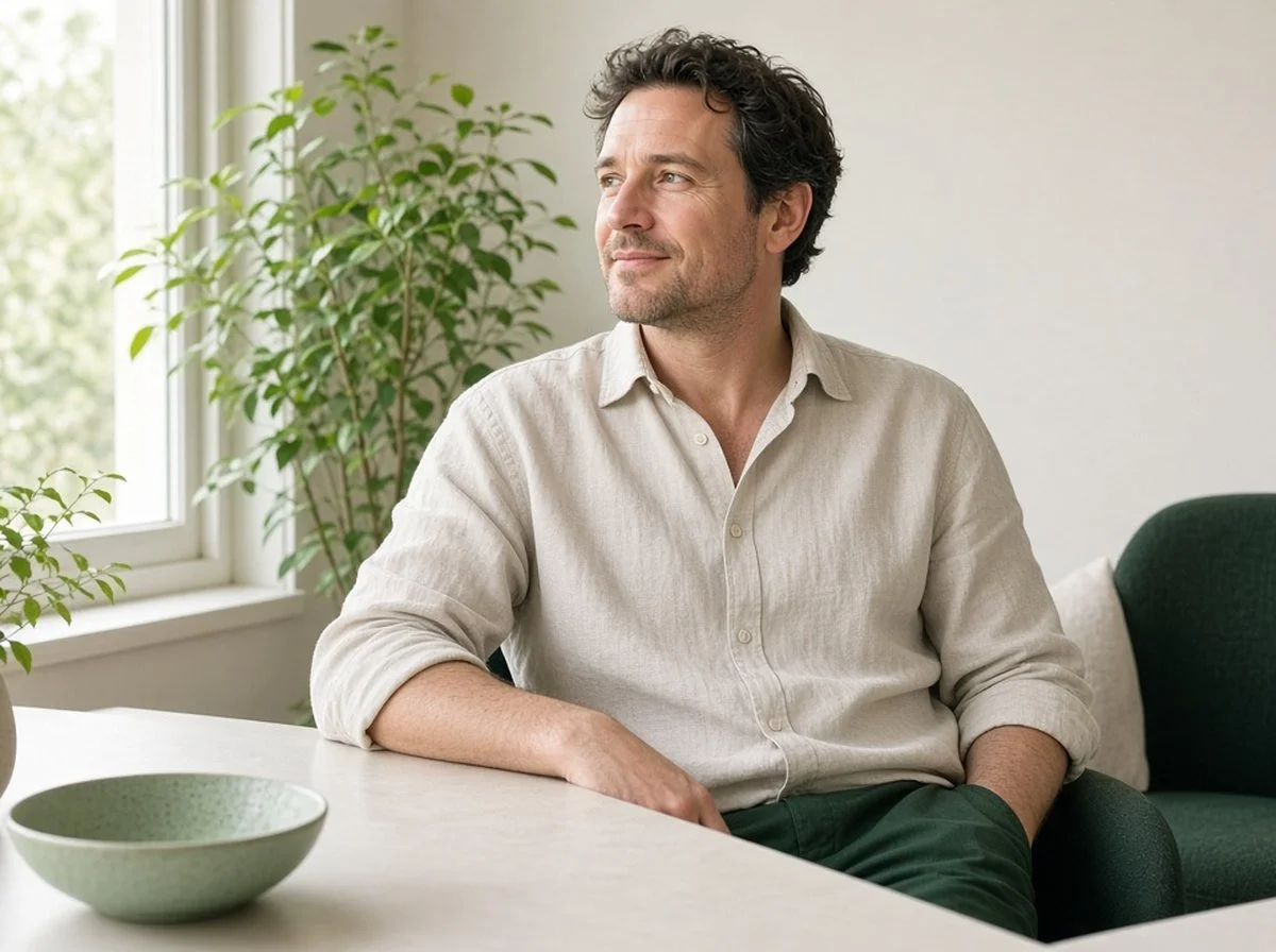 A man in his forties looking thoughtful at a desk by a window