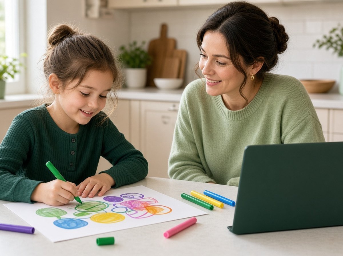 A girl drawing at the table beside her mother before an online session