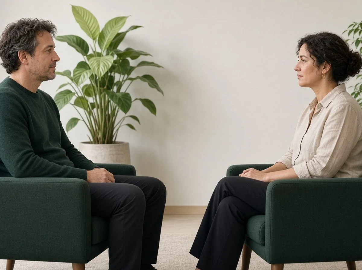 Man sitting upright across from a woman therapist