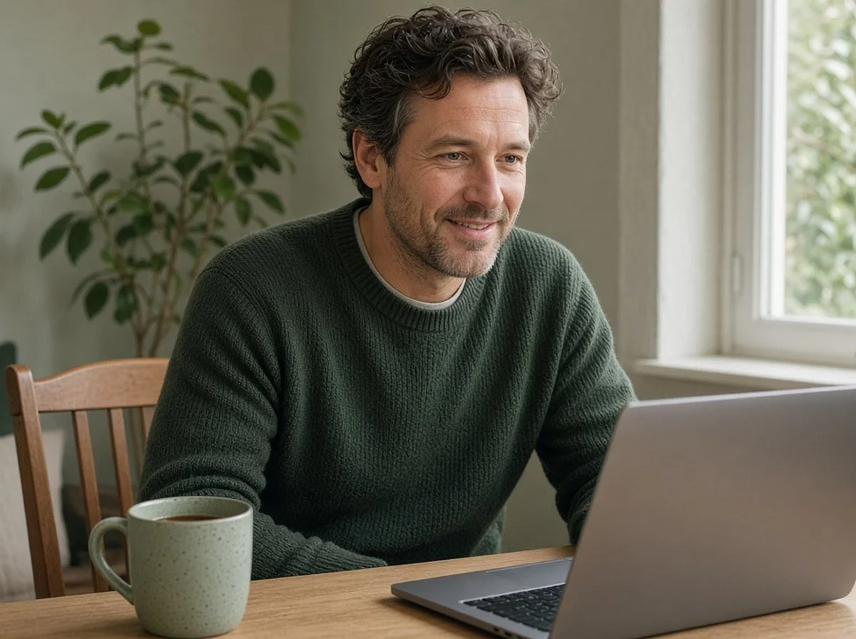 Man taking part in an online therapy session from a calm home office