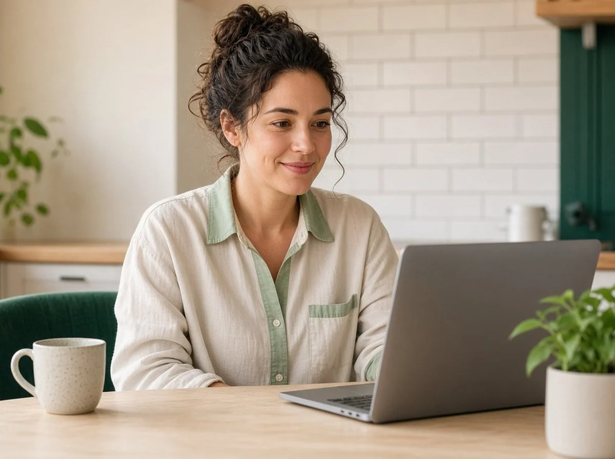 A young adult at a kitchen table in an online therapy session, looking focused and relaxed