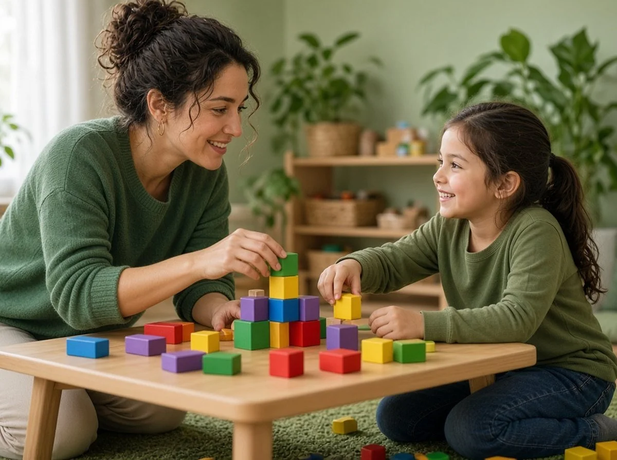 A child therapist and a young girl playing with blocks during a session