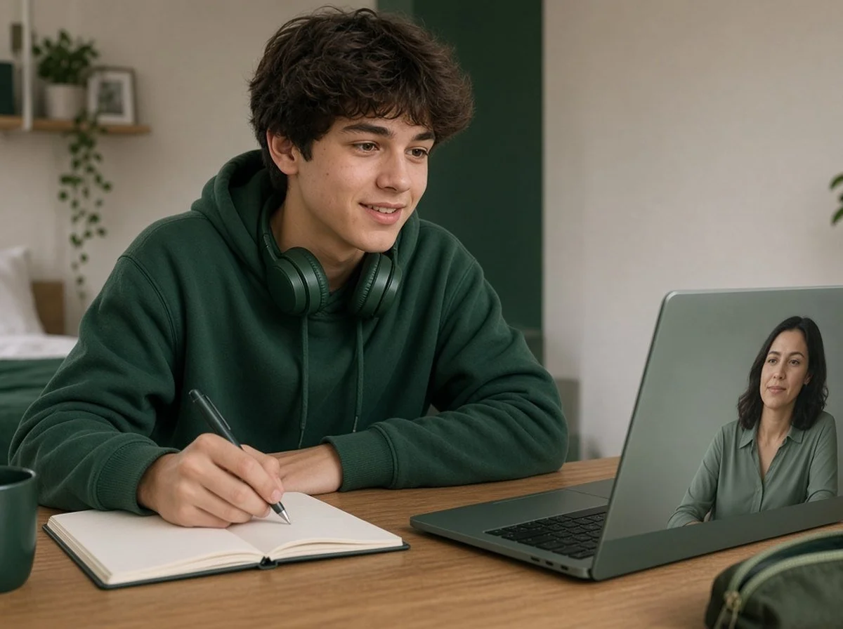 A teenage boy at home having an online therapy session on his laptop