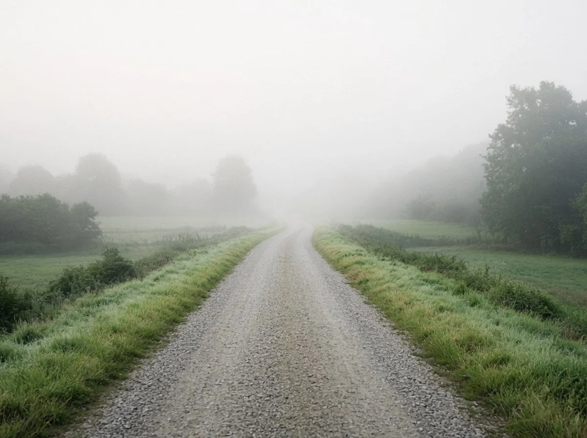 A quiet path curving into morning fog through green fields