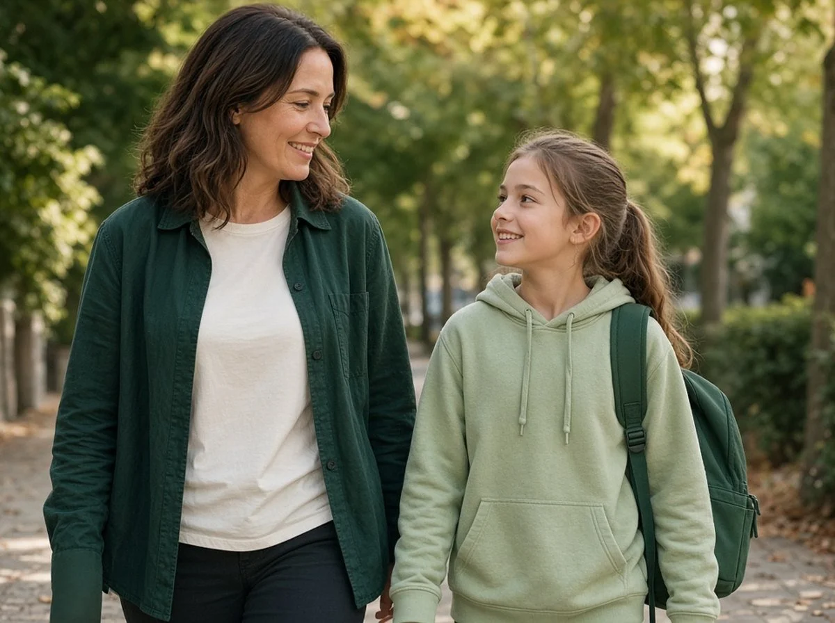 Parent and child walking home from school together