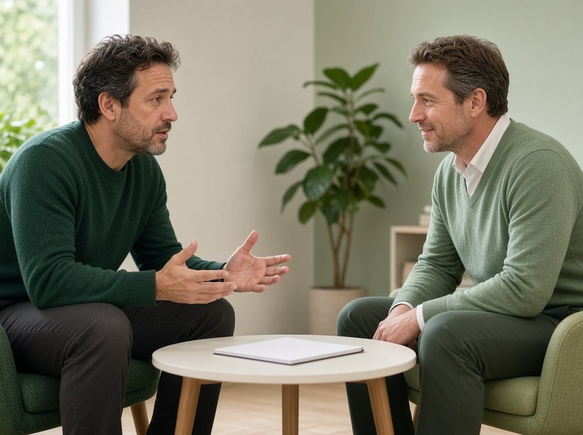 Man talking with a therapist across a small table in a bright room