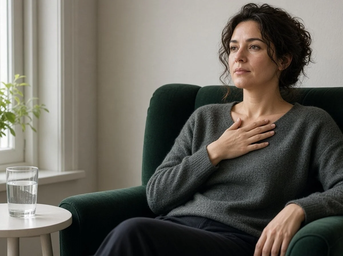 Woman in an armchair with a hand on her chest, breathing slowly