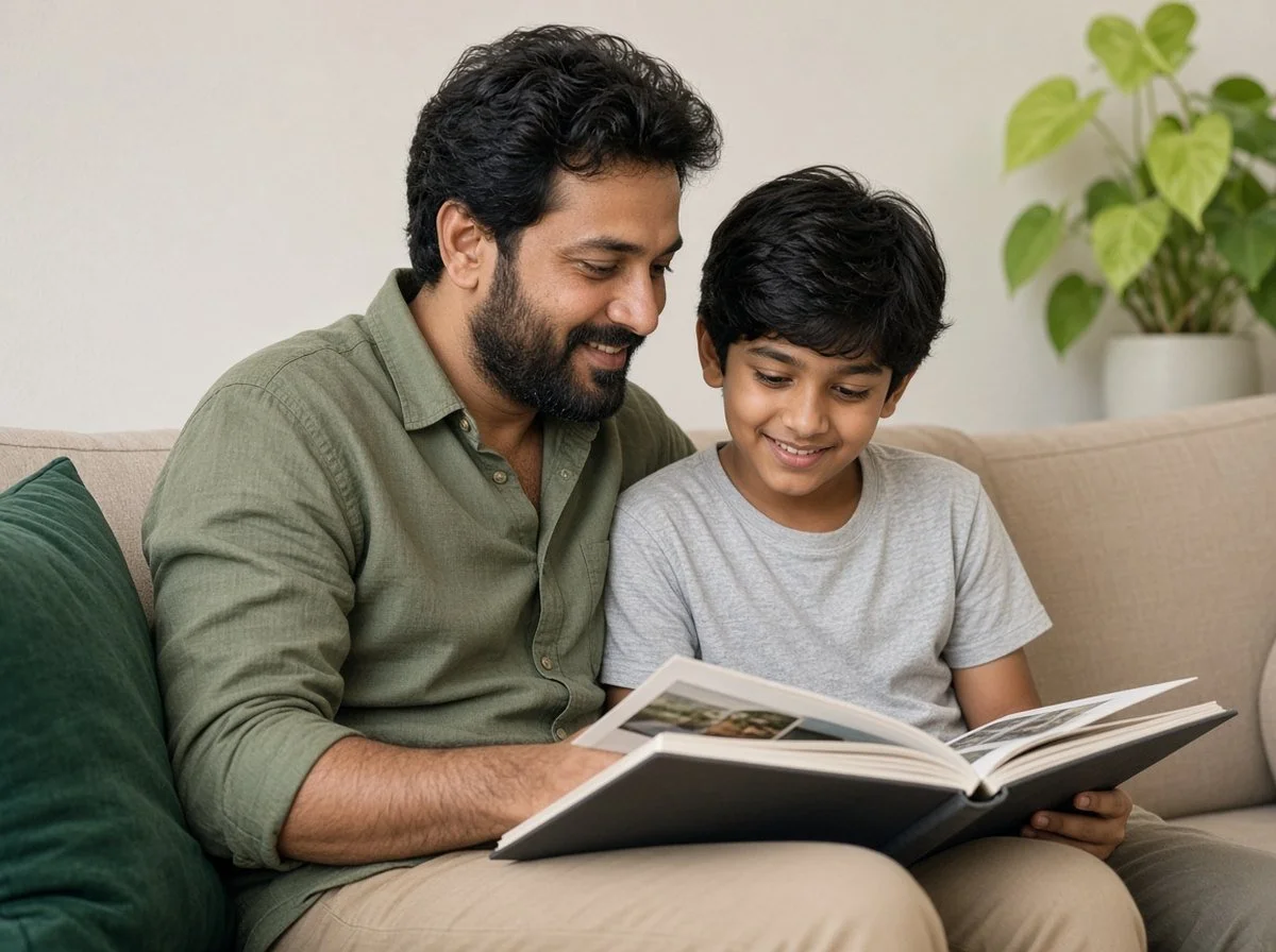 Father and son looking at a photo album together on a couch