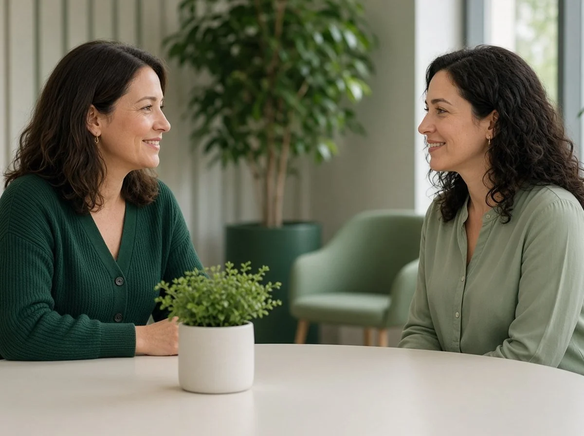 Clinic team member chatting with a new client about therapy options