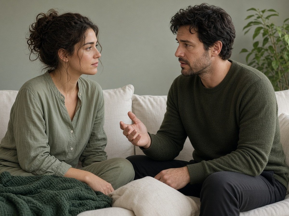 A couple facing each other talking on a couch, both faces visible