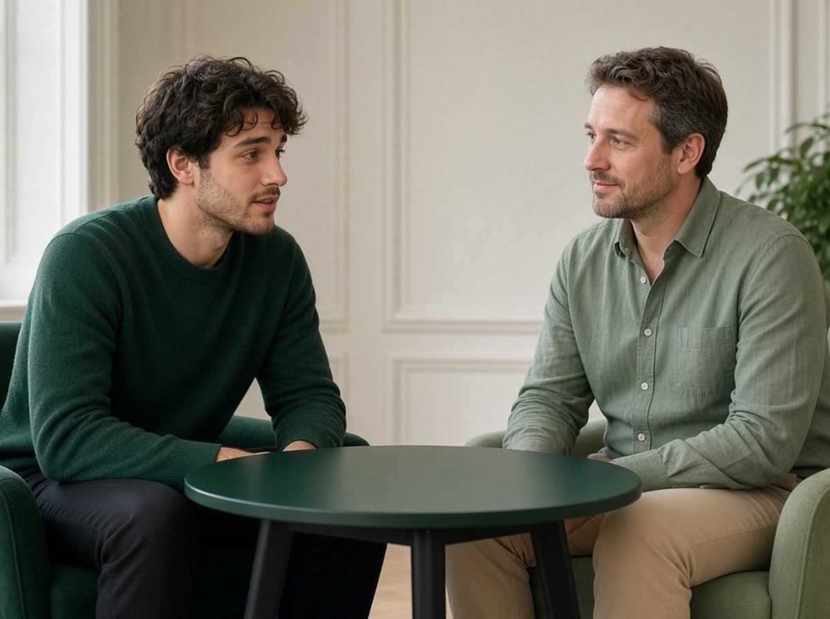 Young man and a therapist talking across a small table in a bright room