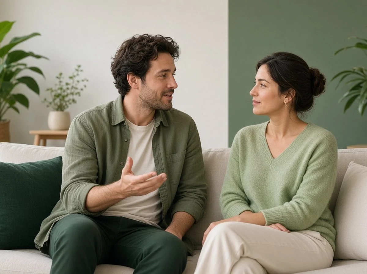 A couple sitting together on a sofa having an open conversation in a counselling room