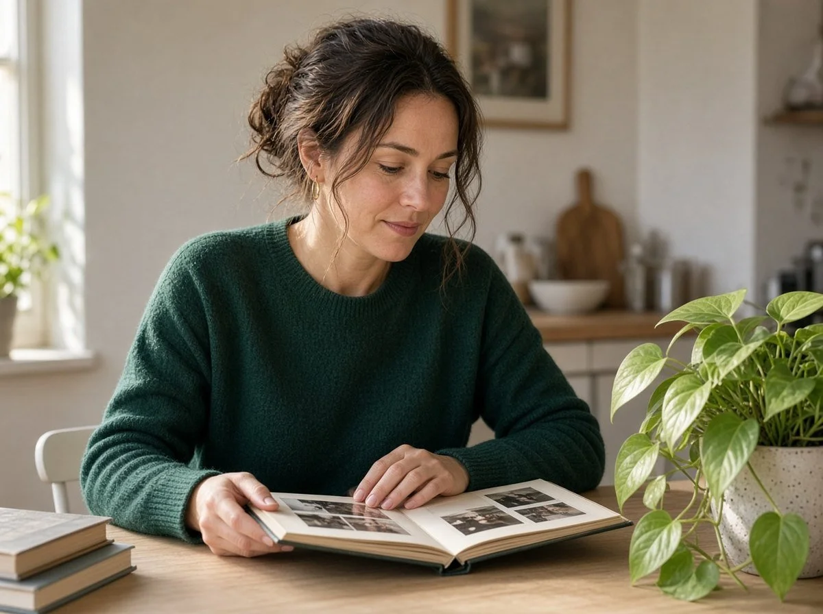 Woman looking thoughtfully at a family photo album