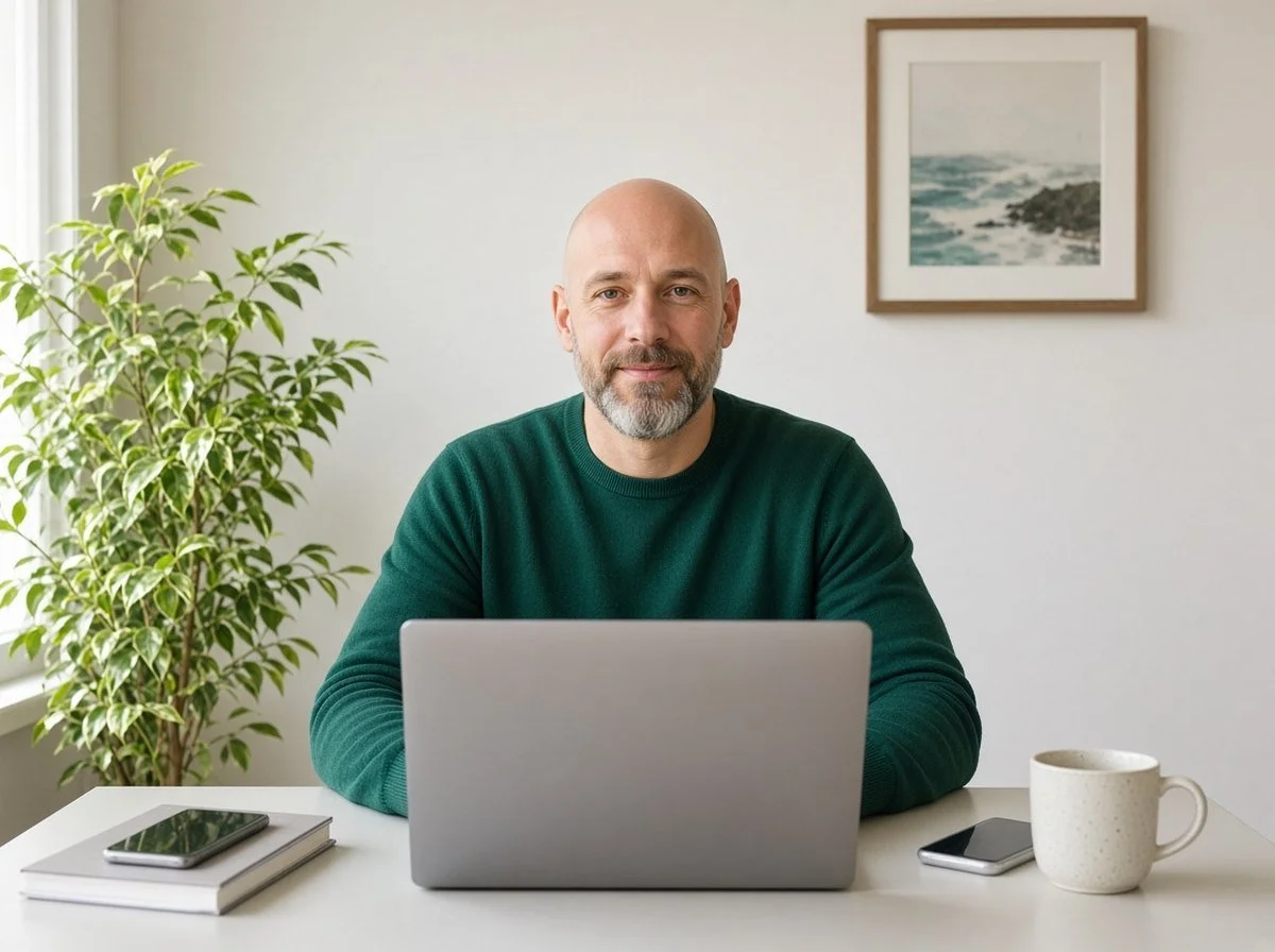 Man on a video counselling call at home, looking relaxed