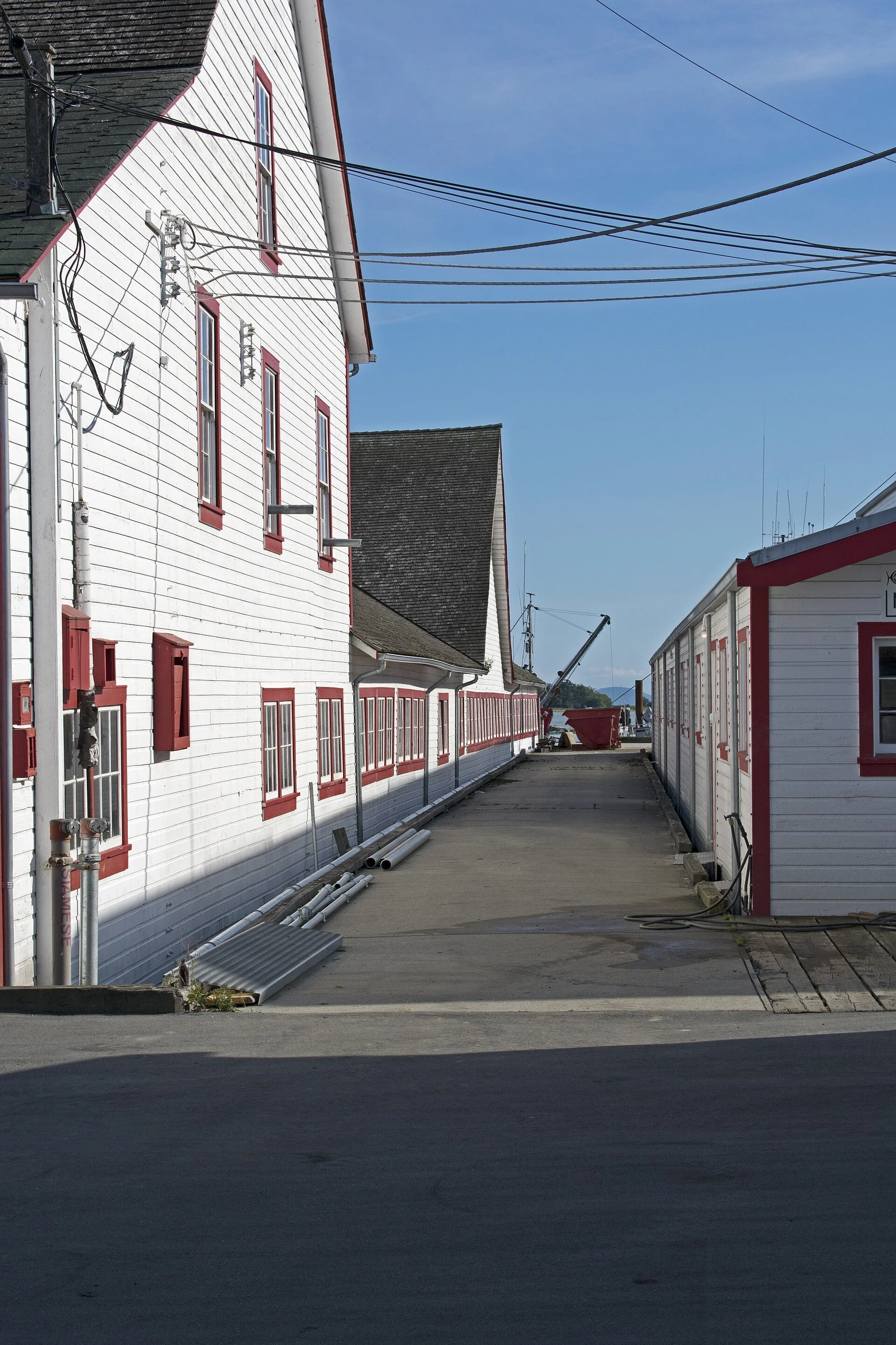 Buildings and the boardwalk beside the Gulf of Georgia Cannery National Historic Site in Steveston.