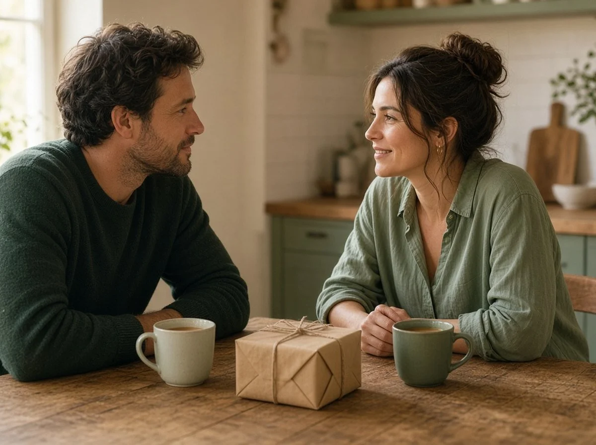 Two friends having tea at a kitchen table with a small wrapped gift between them