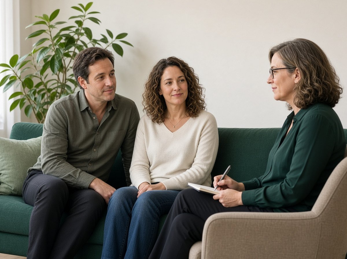 Couple talking with a therapist in a warm office