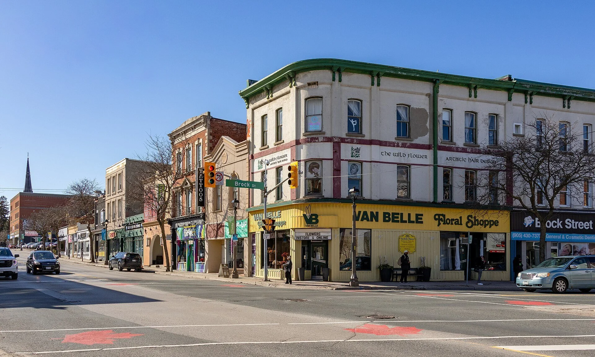 Historic storefronts at a corner in downtown Whitby, Ontario.