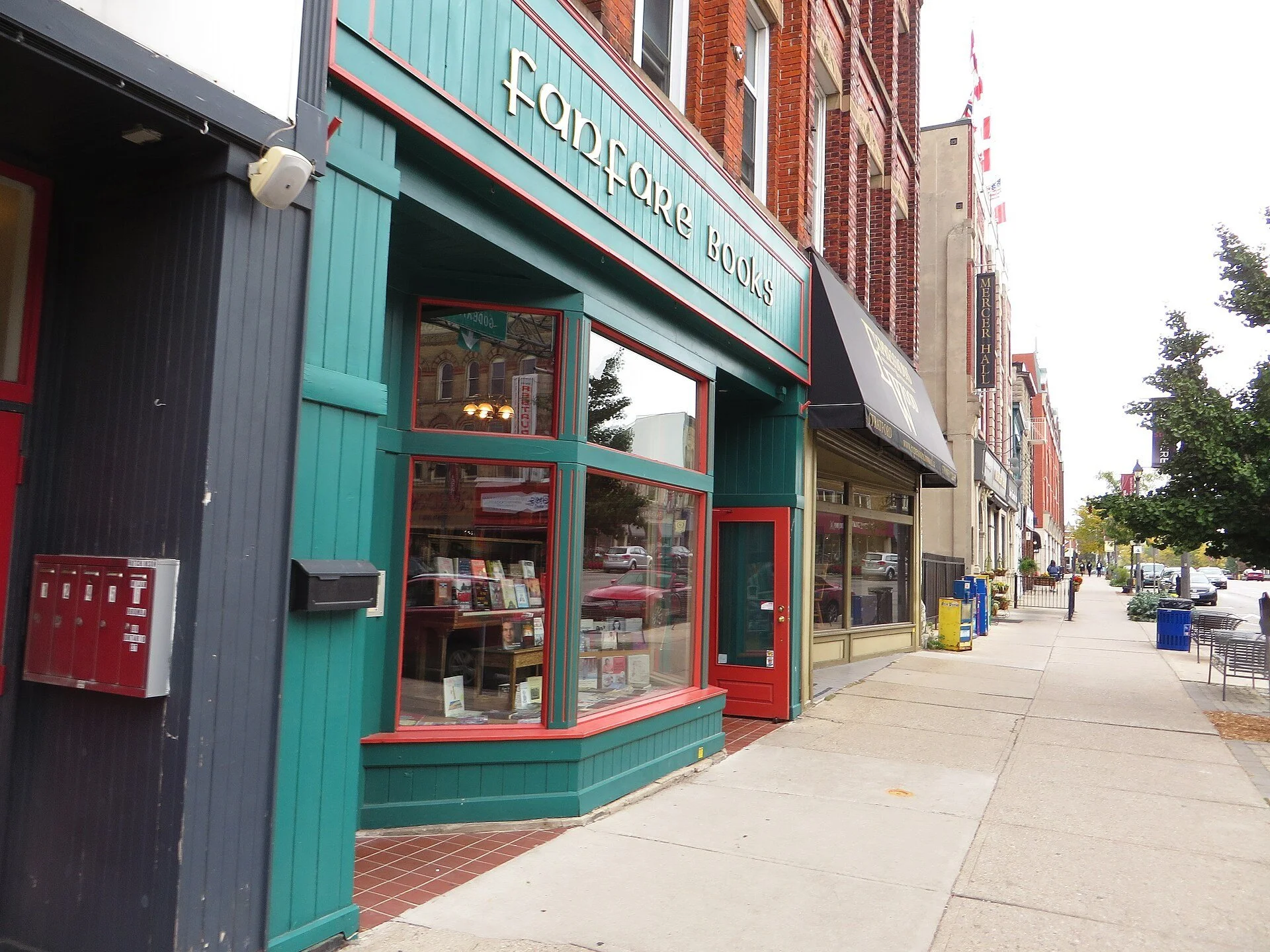 Shopfronts along a downtown street in Stratford, Ontario.