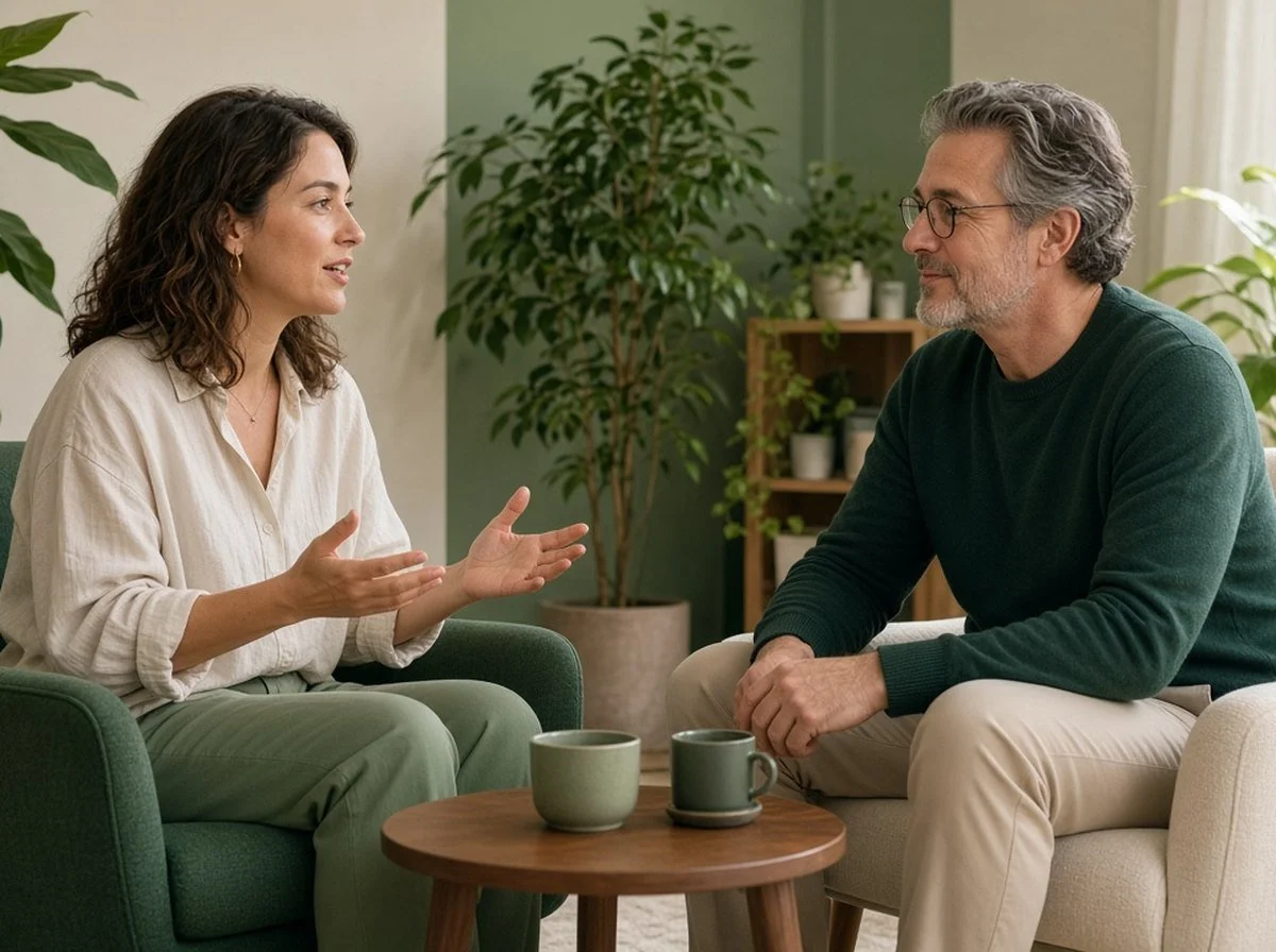 A woman talking with an attentive therapist in a calm office