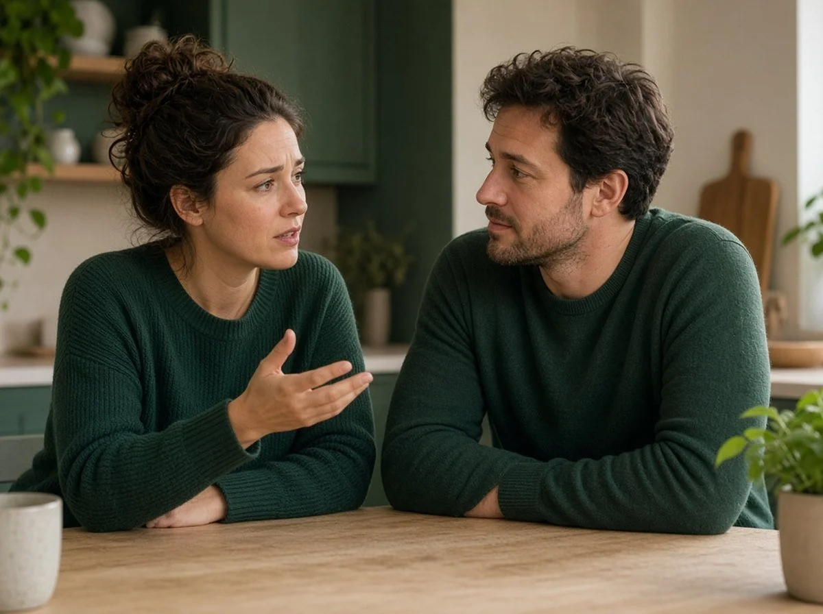 Two friends talking at a kitchen table, one listening as the other explains a hard week