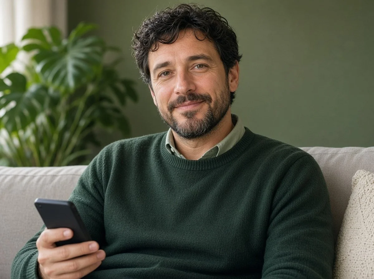 A man on a sofa taking a calm breath while holding his phone
