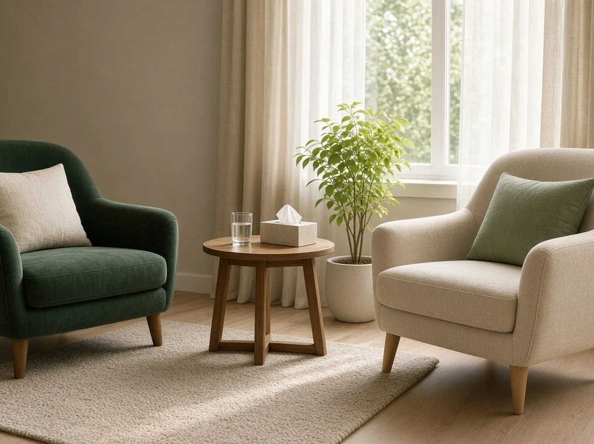 a warm, calm counselling room with two armchairs and soft natural light