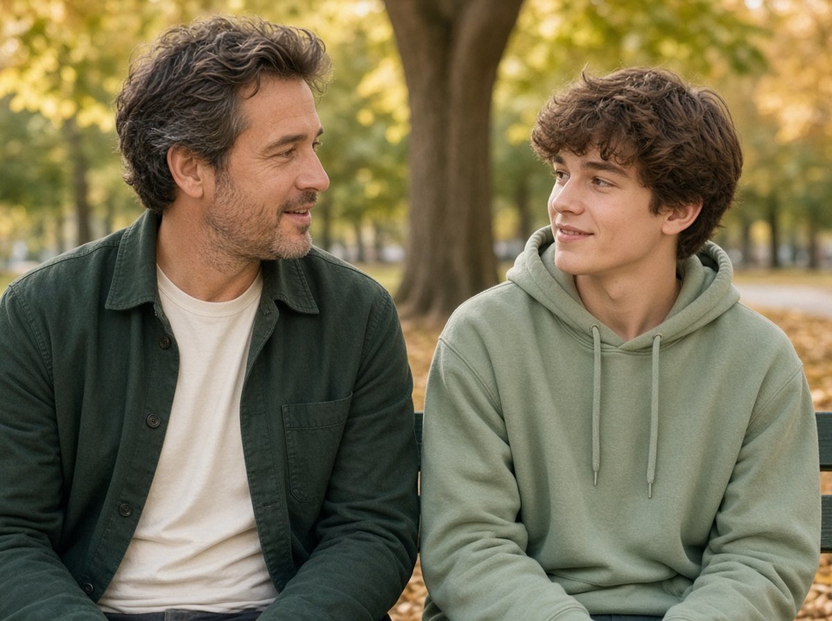 A father and teenage son talking on a park bench