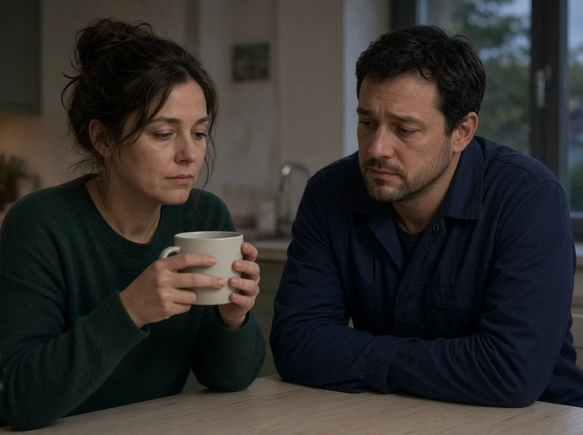 A woman sitting quietly with her partner at the kitchen table in the evening