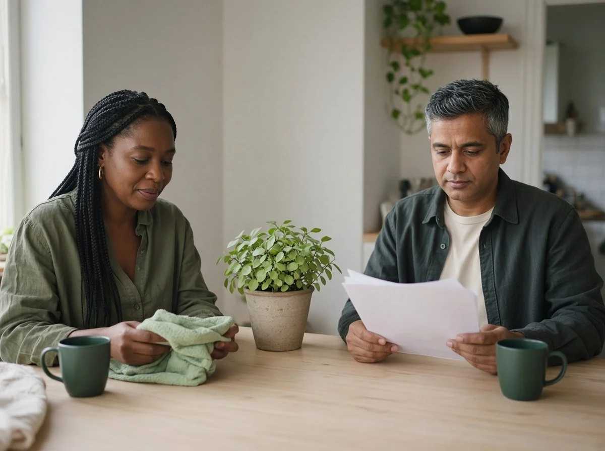 Two adults working side by side at a kitchen table