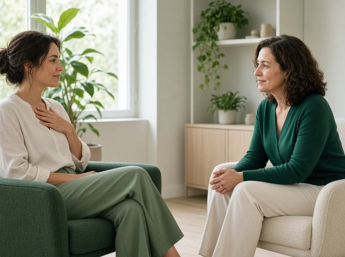 An adult with a hand on their chest looking calmer while talking with a therapist