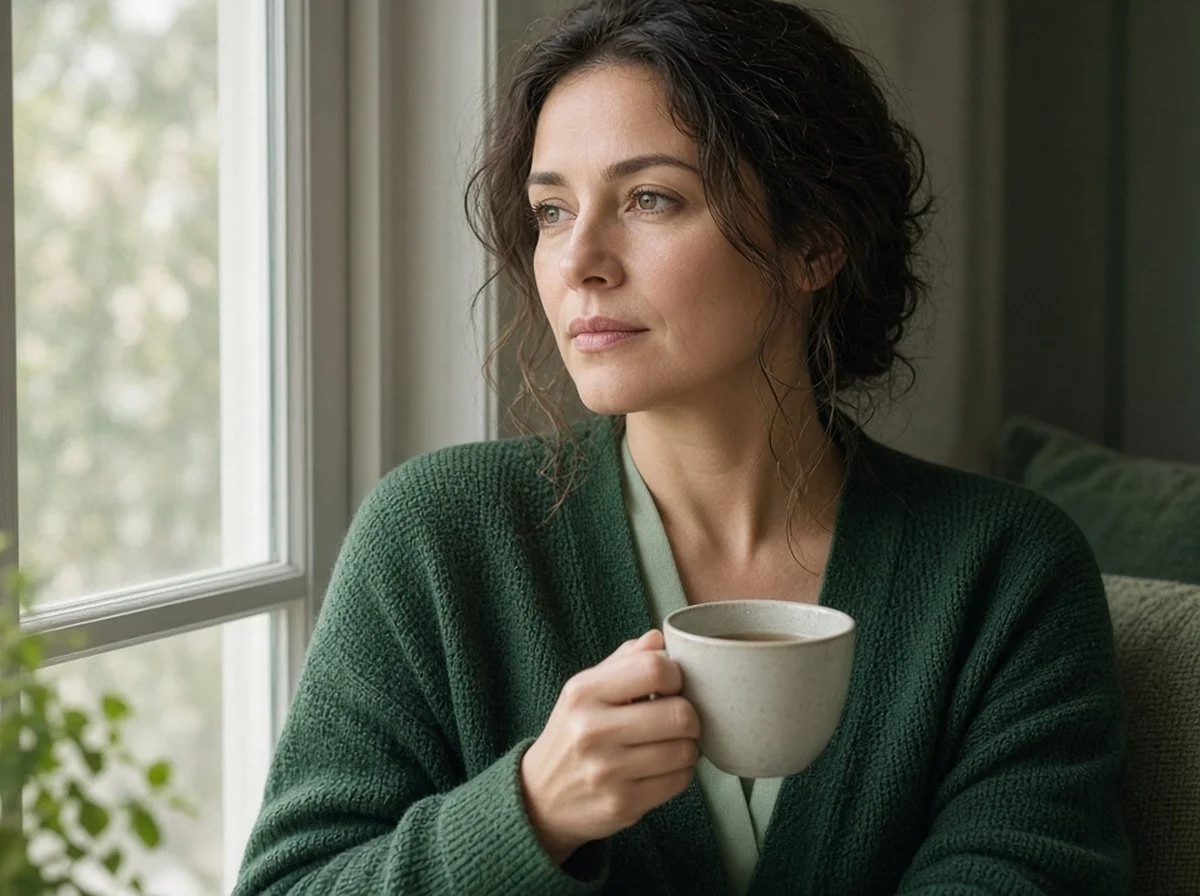 Woman sitting by a sunlit window with a cup of tea, looking calm and thoughtful
