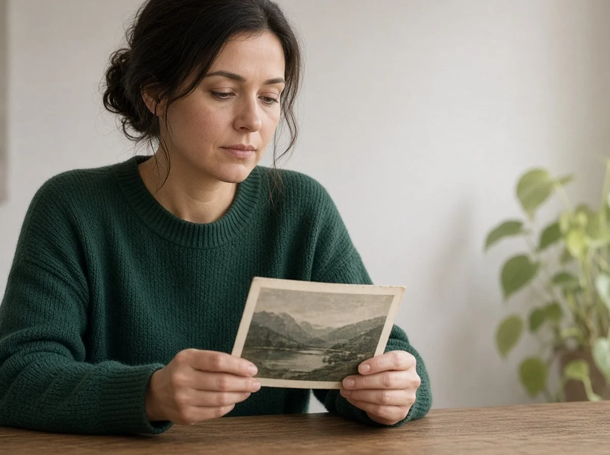 Woman at a table holding an old landscape photo