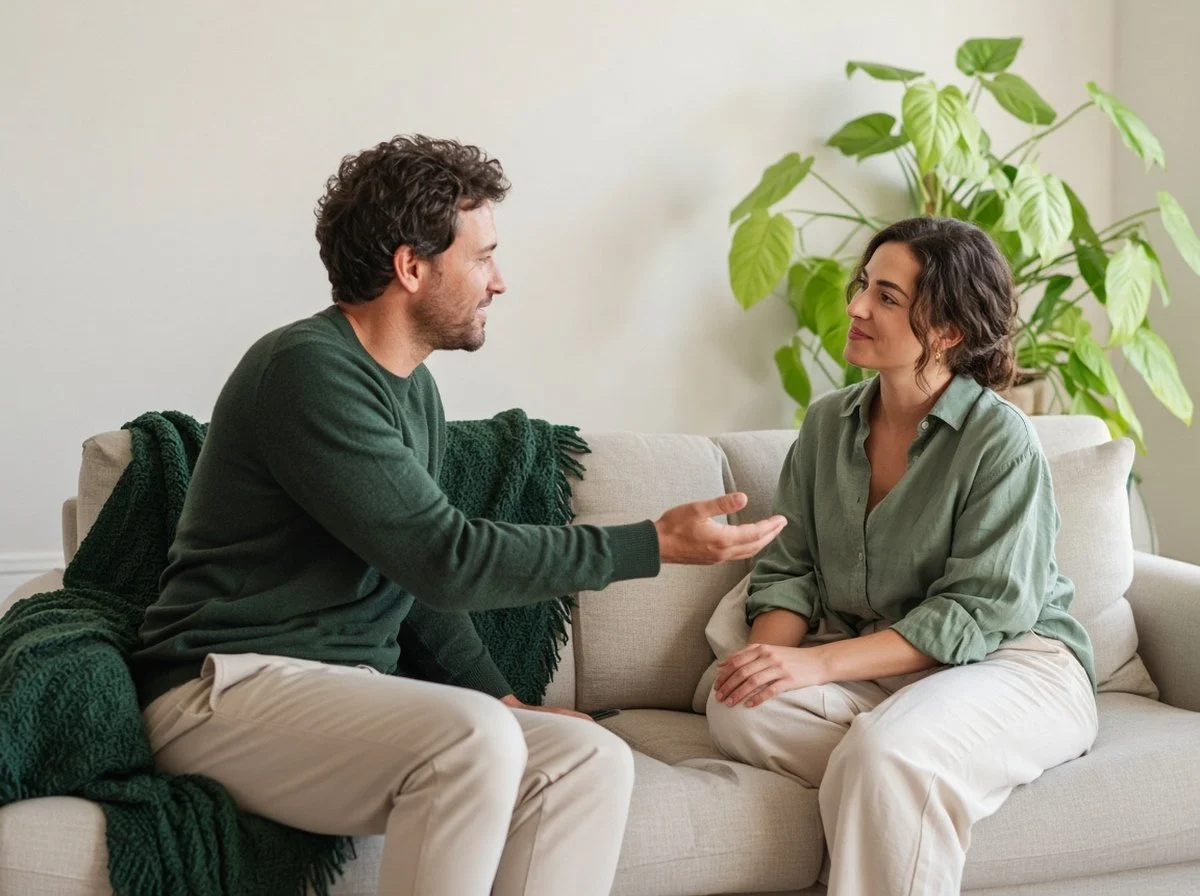 Couple on a couch, one reaching out as the other softens