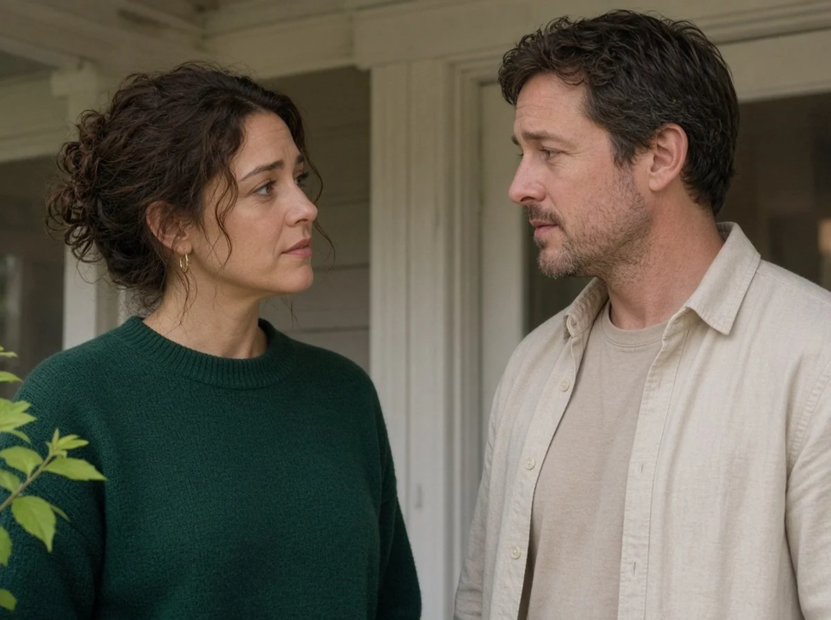 A couple facing each other on a porch, both faces visible, pausing a hard talk