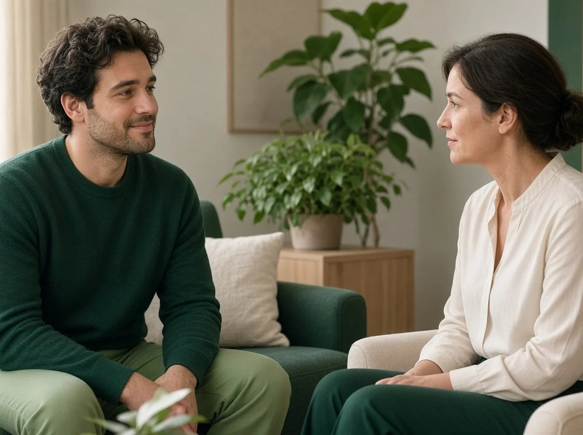 A man talking thoughtfully with a therapist in a calm room