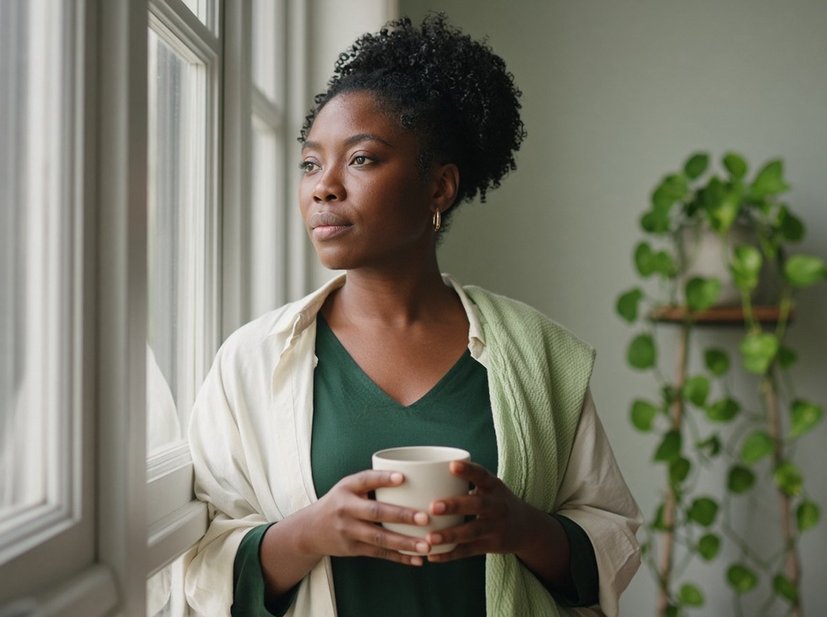 Woman holding a mug by a window, looking out calmly