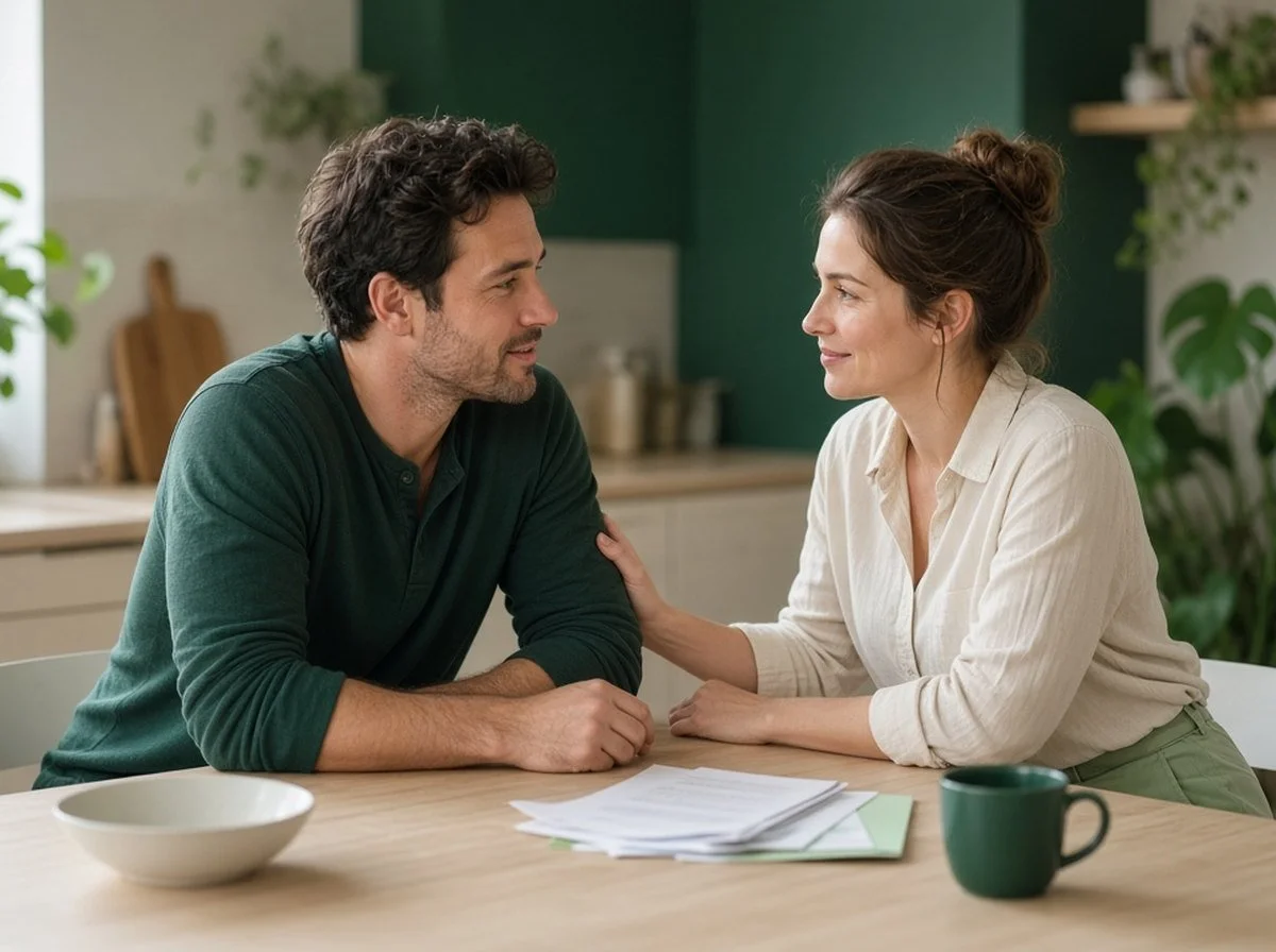 A couple talking calmly about money at their kitchen table