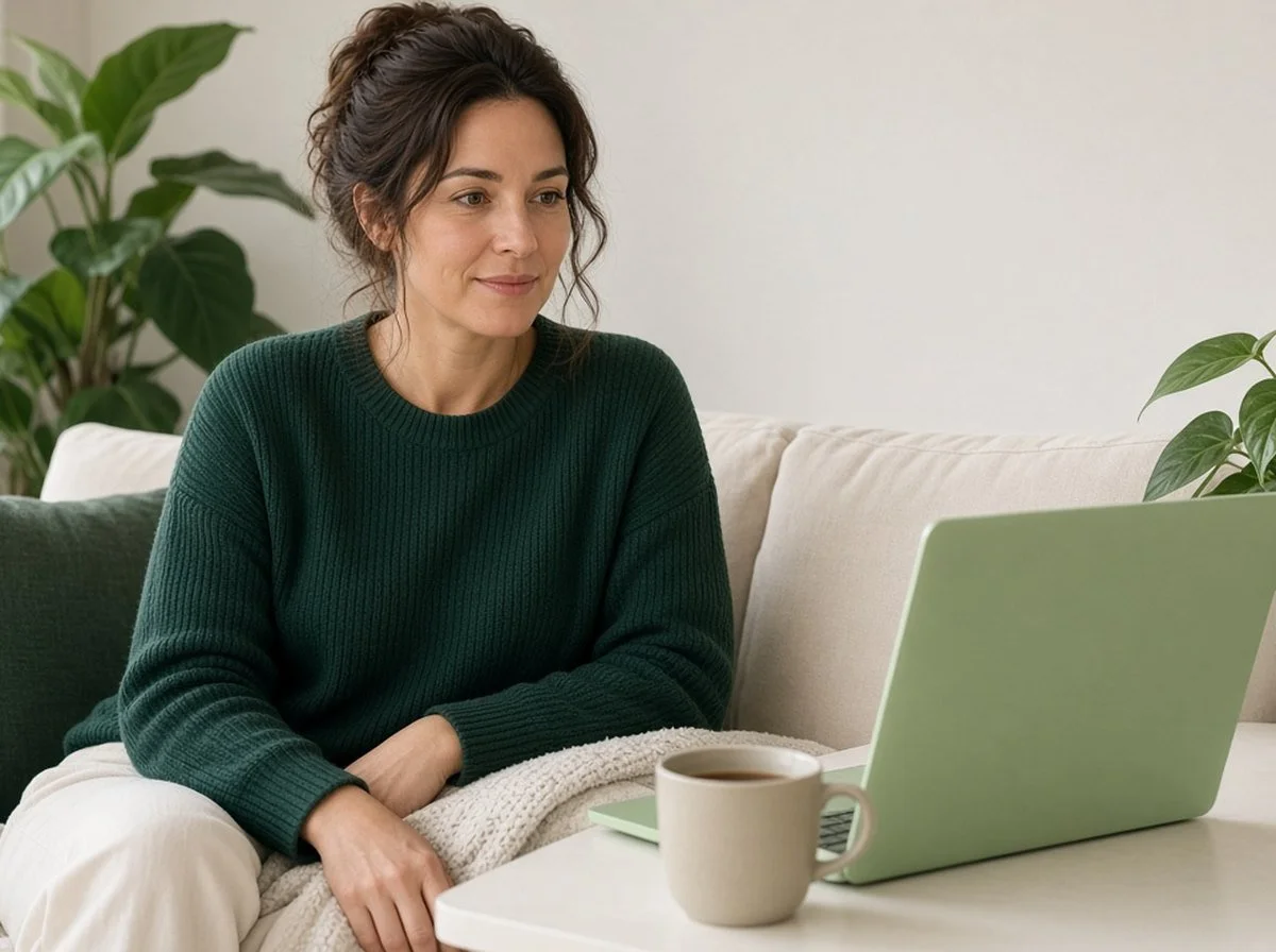 An adult woman in an online counselling session at home